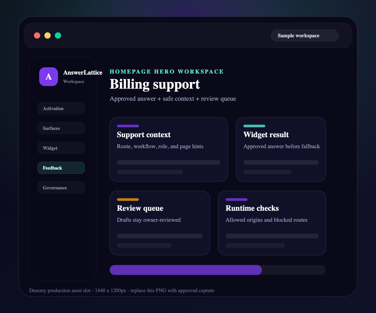 Sample AnswerLattice workspace showing billing support, safe context, and review queue placeholders